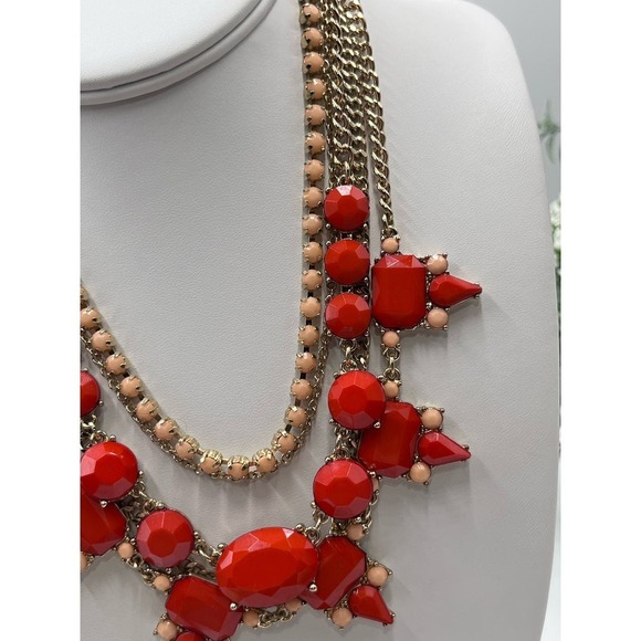 J. Crew Red Pink Peach Gold Tone Layered Multi Strand Rhinestone Necklace - Picture 4 of 14